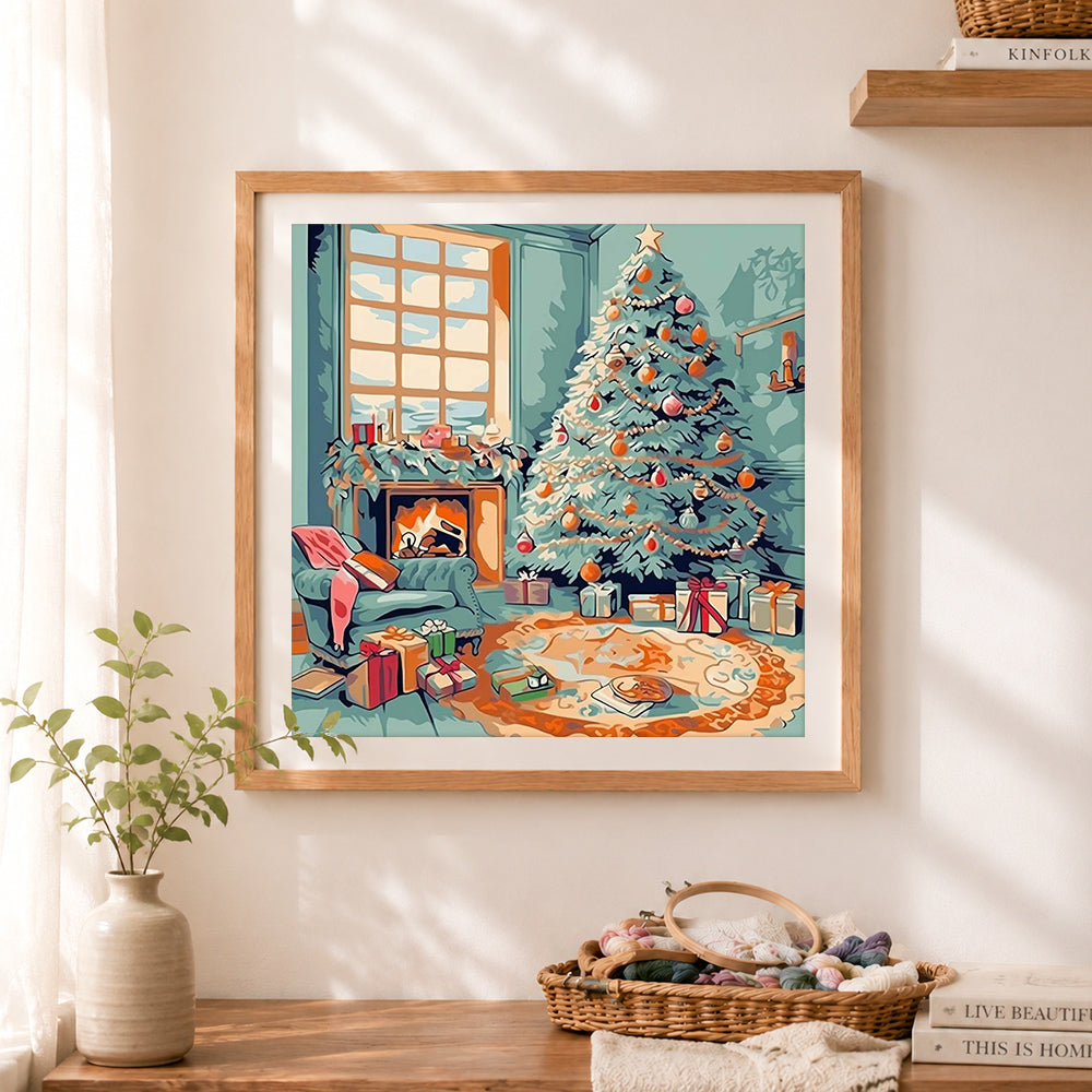 Finished soft pastel christmas room cross stitch artwork displayed as home decor