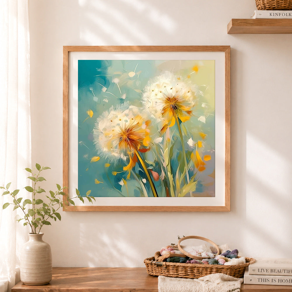 Finished soft pastel dandelion painting cross stitch artwork displayed as home decor