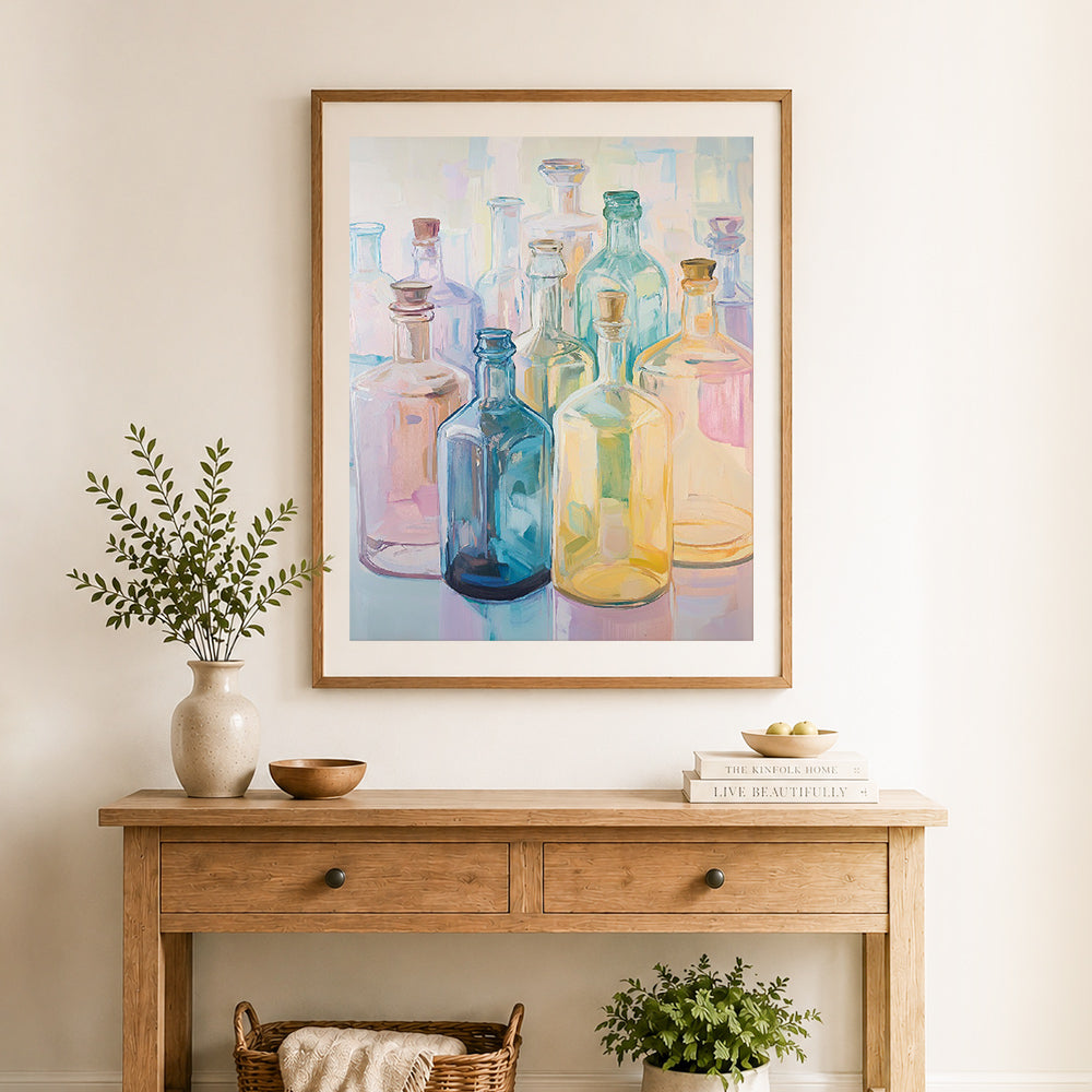 Finished soft pastel glass bottle art cross stitch artwork displayed as home decor