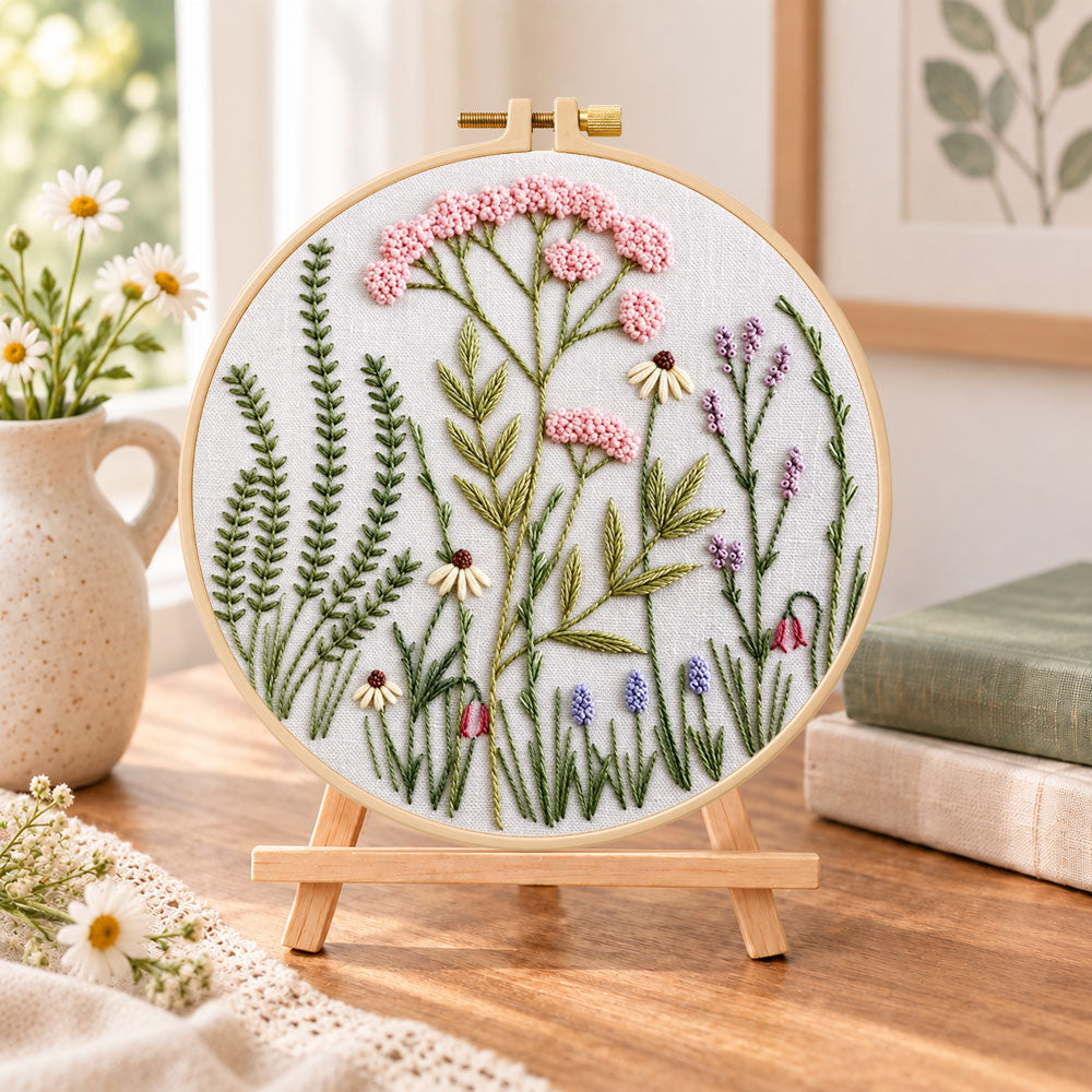 Soft pastel meadow embroidery kit finished hoop displayed on a wooden stand as cozy tabletop decor