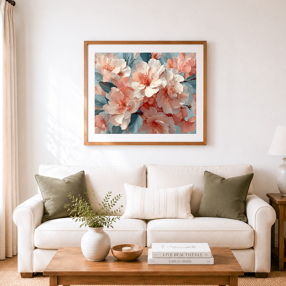 Finished soft pastel peony blooms cross stitch artwork displayed as home decor