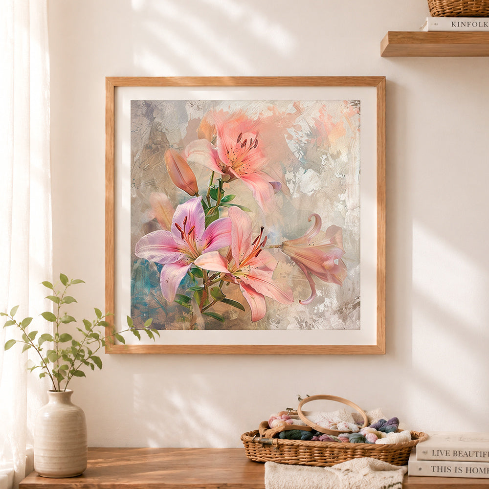 Finished soft pastel pink lilies cross stitch artwork displayed as home decor