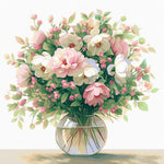 Soft pink and white floral bouquet in glass vase cross stitch kit for beginners