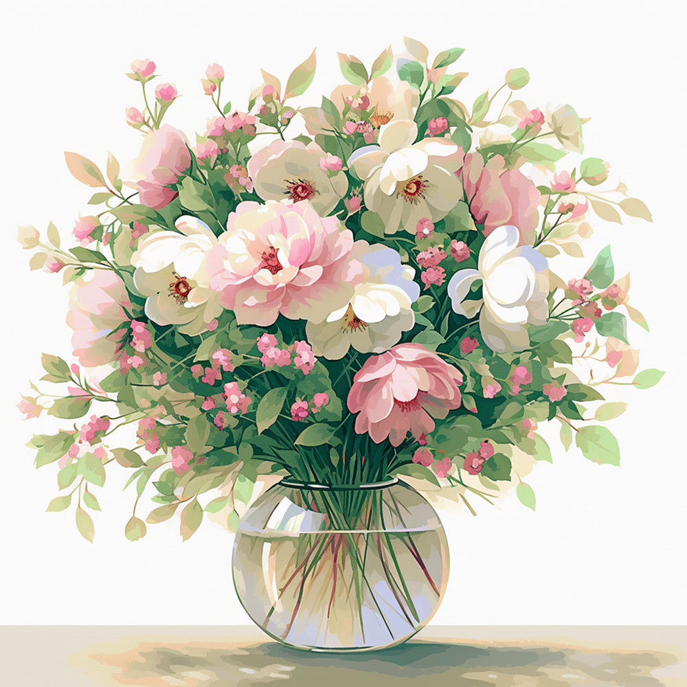 Soft pink and white floral bouquet in glass vase cross stitch kit for beginners