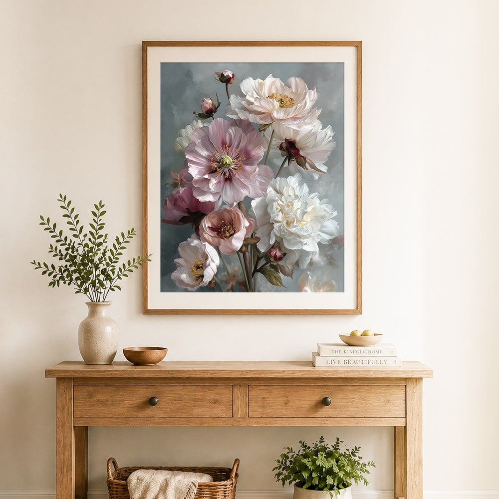 Finished soft pink and white peonies cross stitch artwork displayed as home decor
