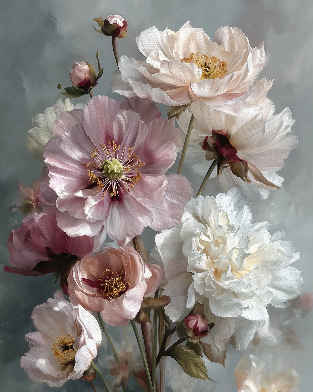 Soft pink and white peonies cross stitch kit for beginners