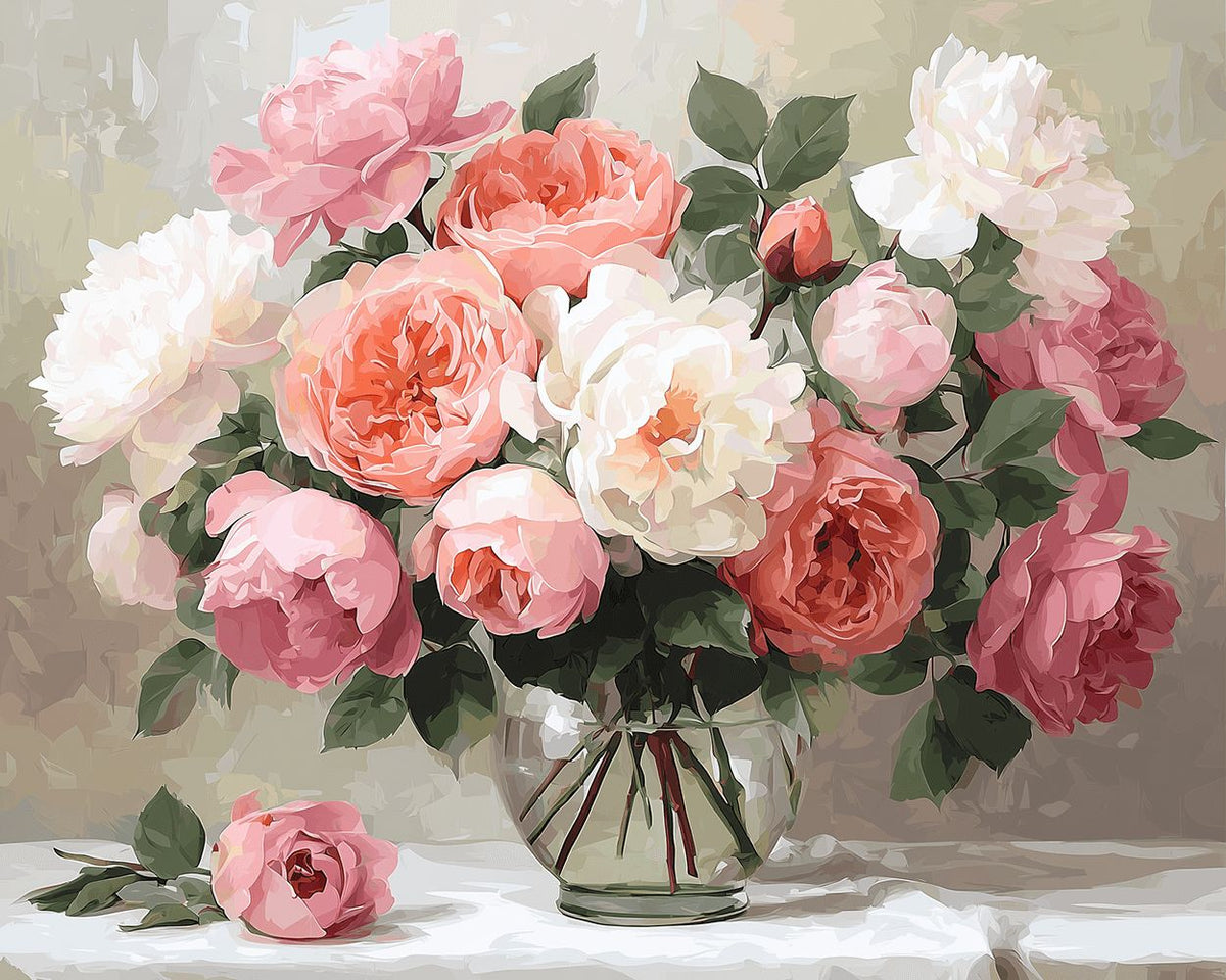 Soft pink and white peony roses in vase cross stitch kit for beginners