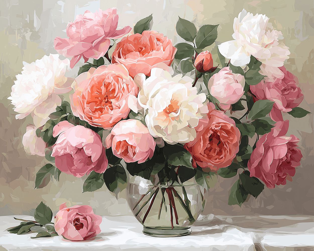 Soft pink and white peony roses in vase cross stitch kit for beginners
