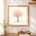 Finished soft pink blossom tree cross stitch artwork displayed as home decor