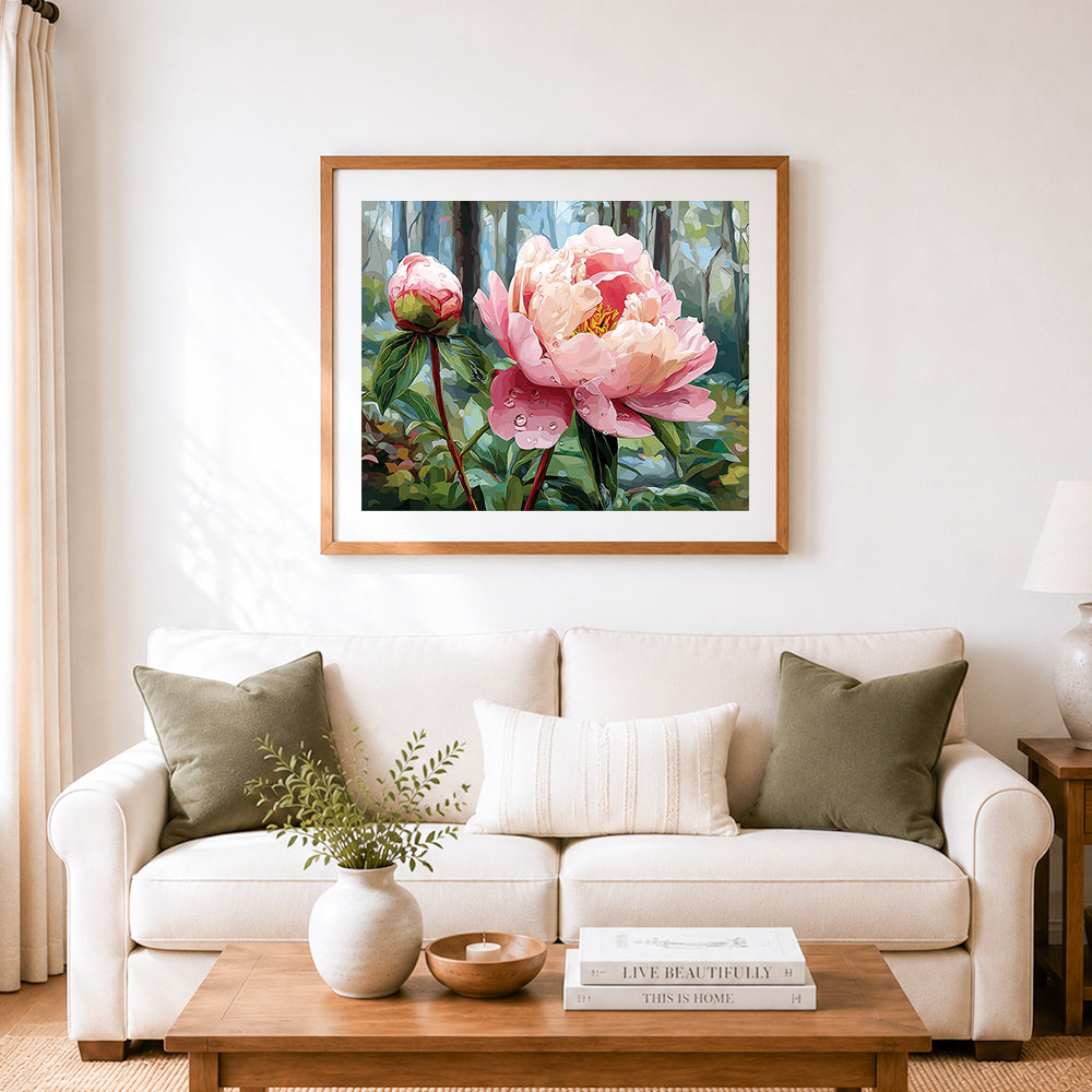 Finished soft pink peony with dewdrops cross stitch artwork displayed as home decor