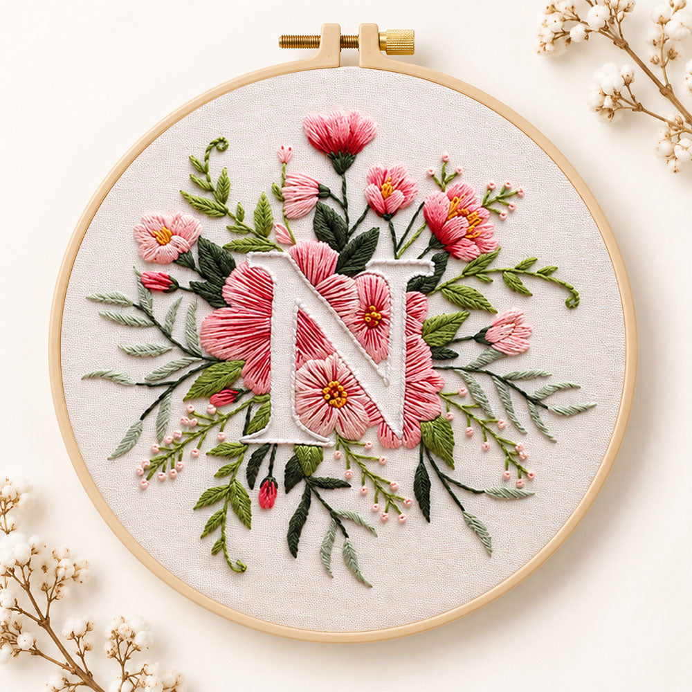Soft pink petals and letter n embroidery kit