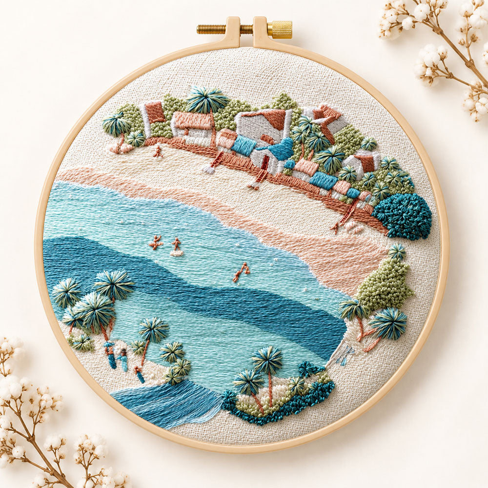 Soft seaside town embroidery kit