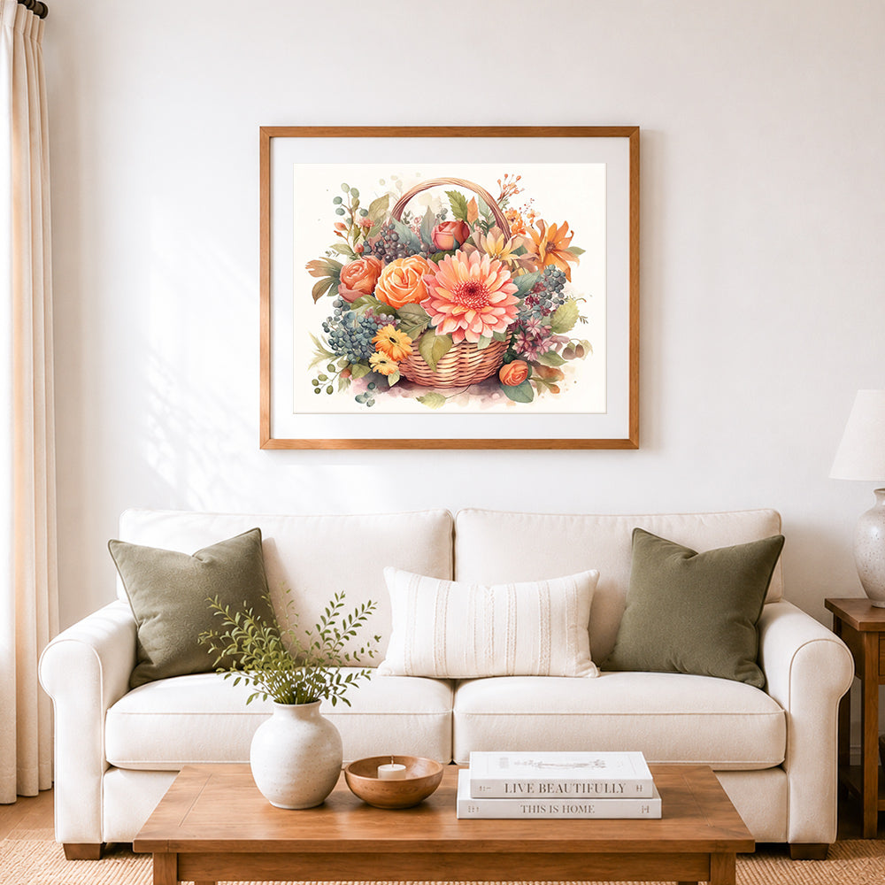 Finished soft watercolor blooms cross stitch artwork displayed as home decor