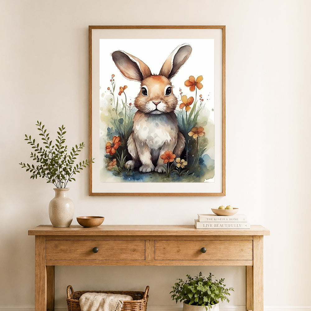 Finished soft watercolor brown hare cross stitch artwork displayed as home decor