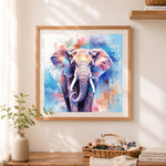 Finished soft watercolor elephant in pastels cross stitch artwork displayed as home decor
