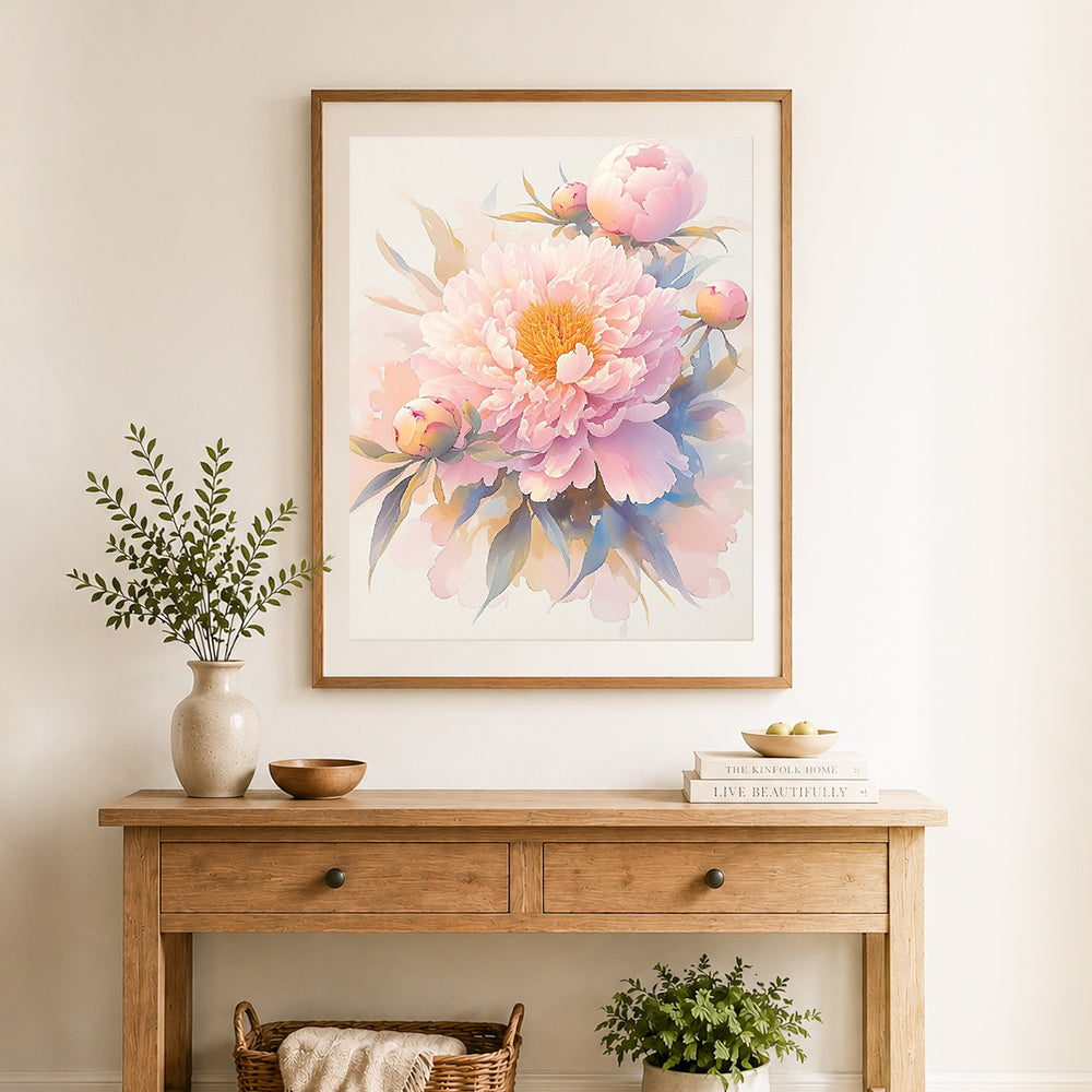 Finished soft watercolor peony cross stitch artwork displayed as home decor