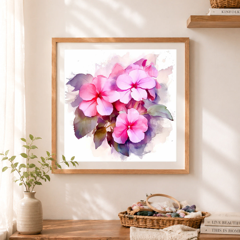 Finished soft watercolor pink floral bouquet cross stitch artwork displayed as home decor