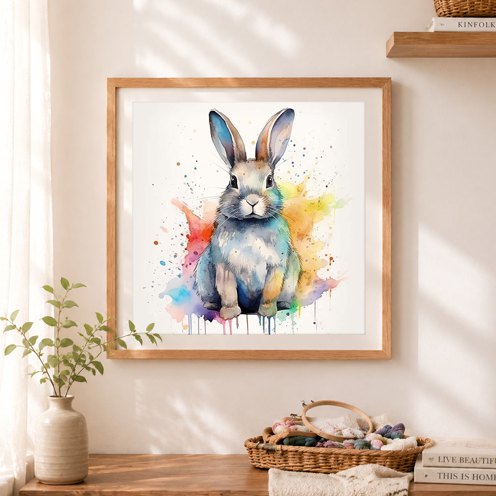 Finished soft watercolor splash rabbit cross stitch artwork displayed as home decor