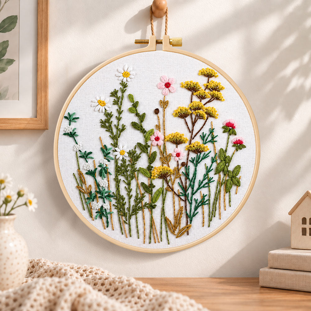 Soft wild daisy mix embroidery hoop wall art displayed as warm and cozy handmade home decor