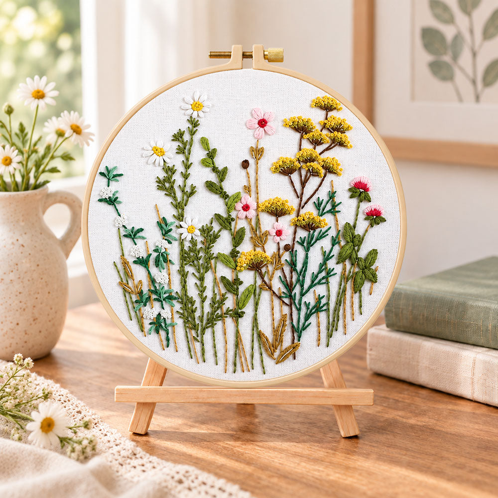 Soft wild daisy mix embroidery kit finished hoop displayed on a wooden stand as cozy tabletop decor