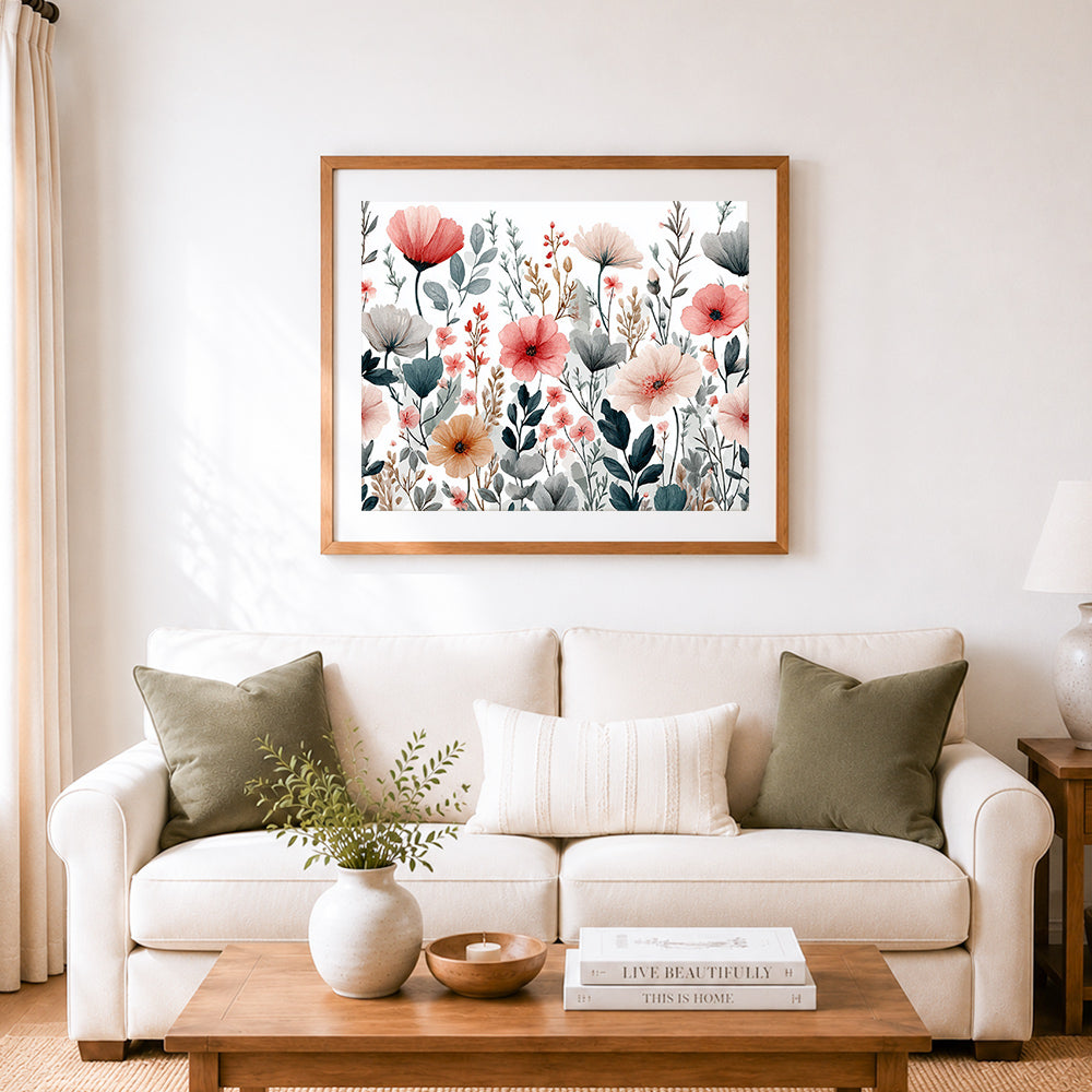 Finished soft wildflower pattern cross stitch artwork displayed as home decor