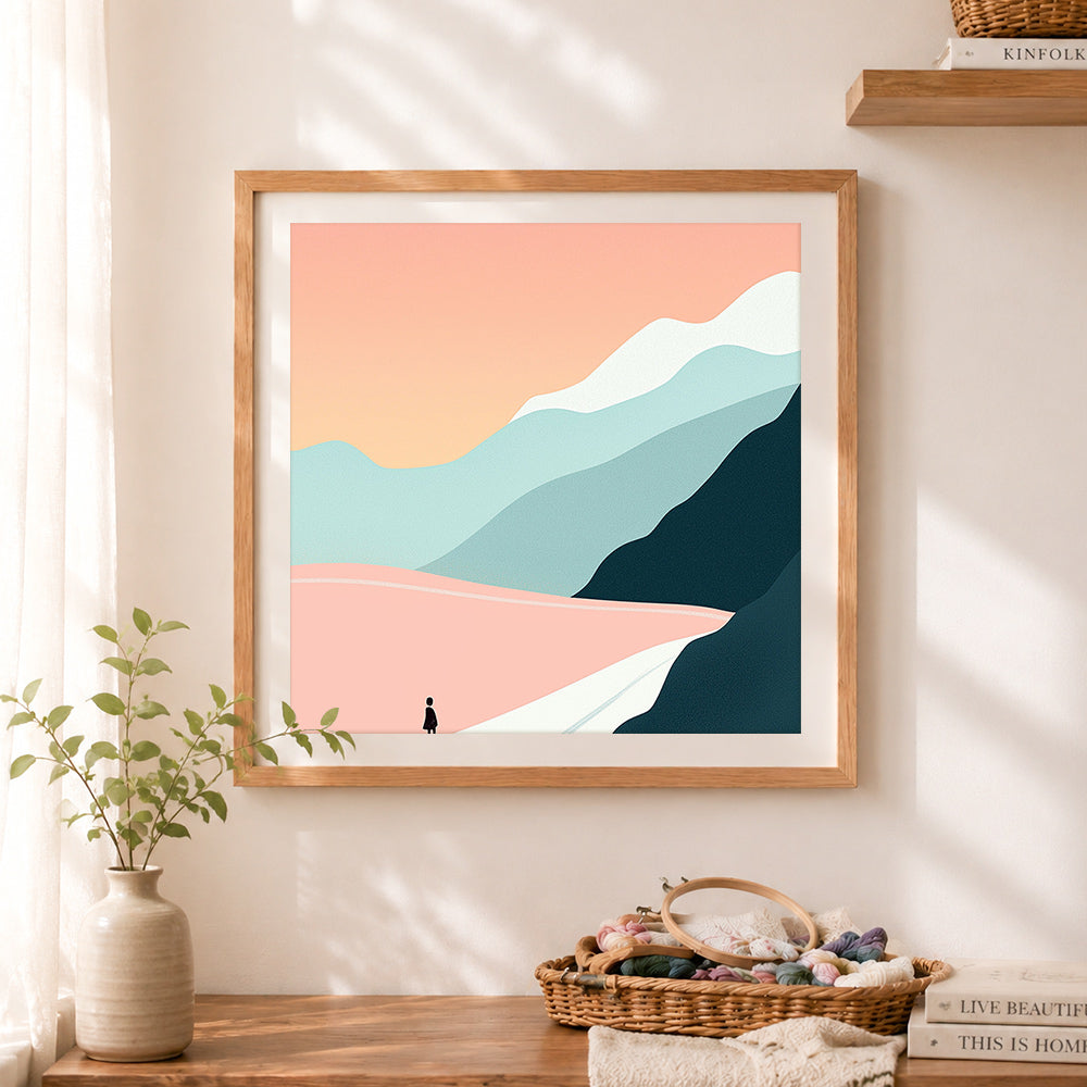 Finished solitary mountain wanderer cross stitch artwork displayed as home decor