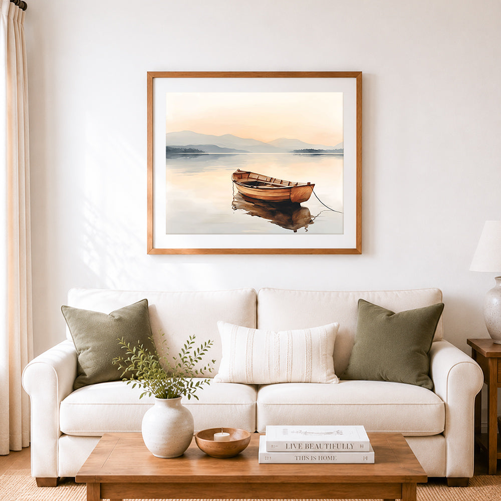 Finished solitary wooden boat on misty mountain lake cross stitch artwork displayed as home decor
