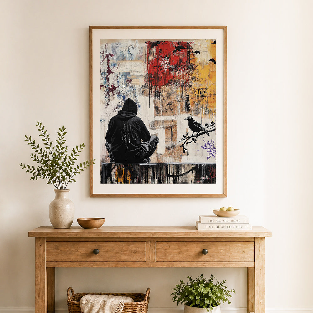 Finished solitude and crows cross stitch artwork displayed as home decor
