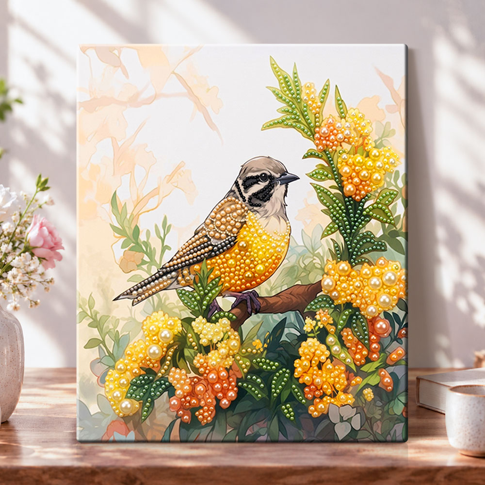 Songbird on blossom branch pearl diamond painting kit for beginners
