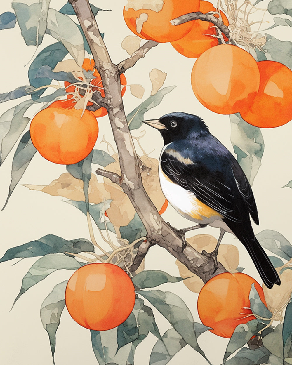 Songbird on persimmon branch cross stitch kit for beginners