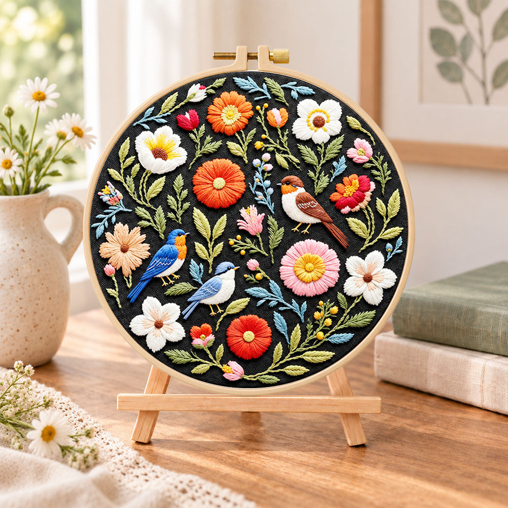 Songbirds and vibrant blooms embroidery kit finished hoop displayed on a wooden stand as cozy tabletop decor