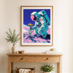 Finished space bloom discovery cross stitch artwork displayed as home decor