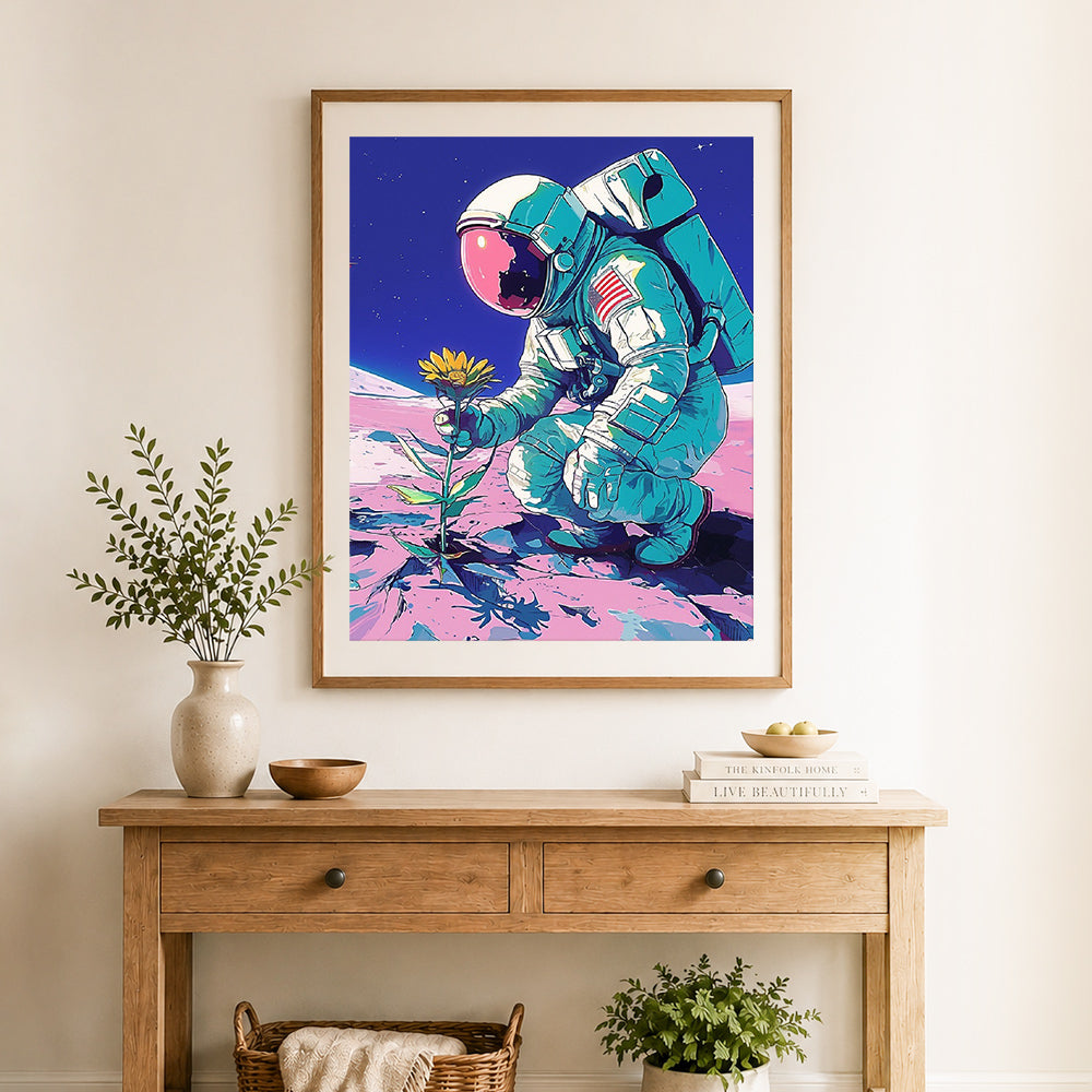 Finished space bloom discovery cross stitch artwork displayed as home decor