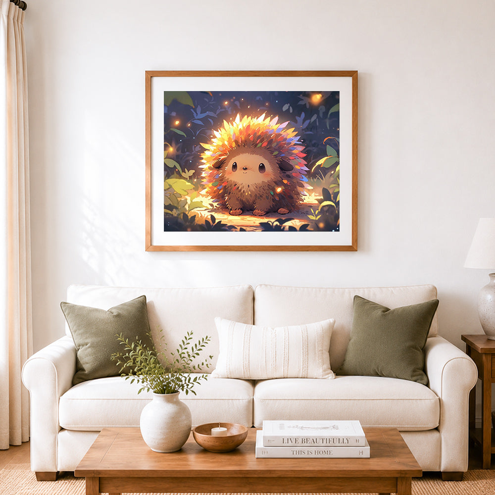 Finished sparkling autumn hedgehog cross stitch artwork displayed as home decor