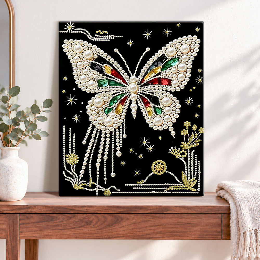 Finished sparkling pearl butterfly pearl diamond painting artwork displayed as home decor