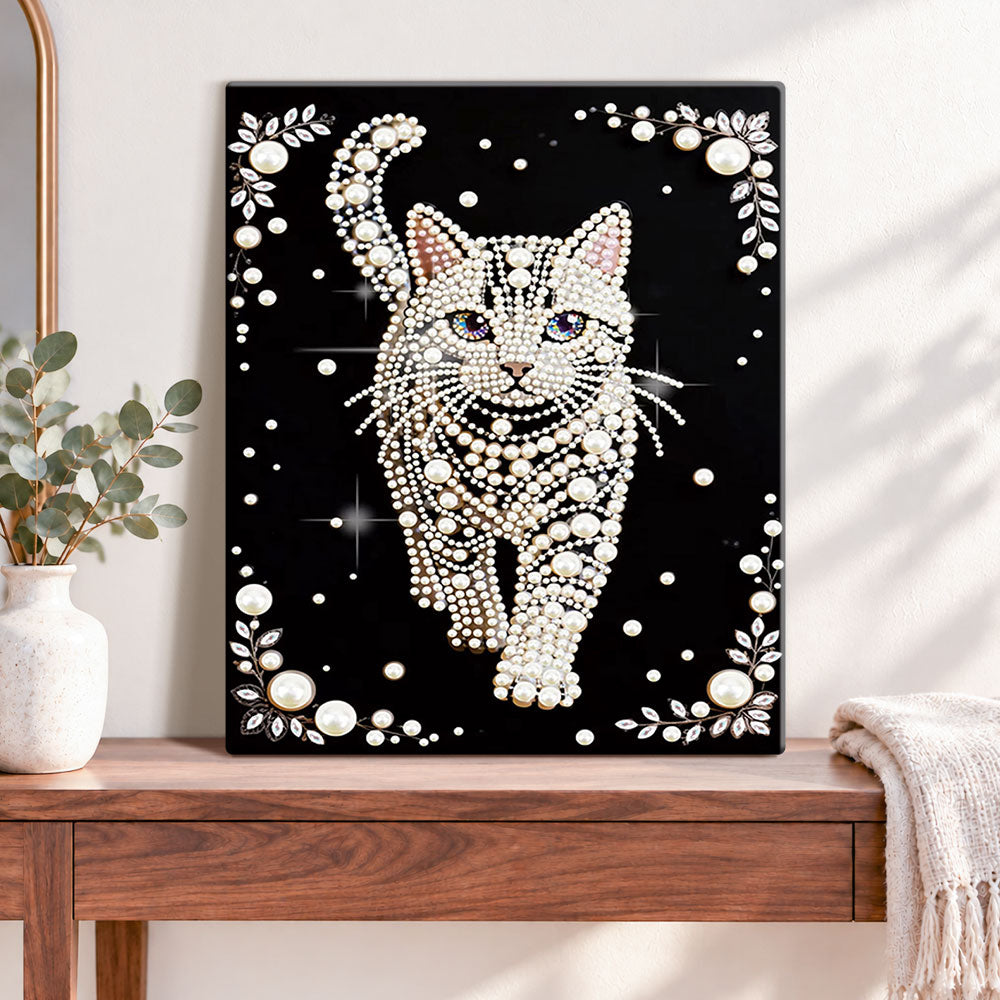 Finished sparkling pearl cat pearl diamond painting artwork displayed as home decor