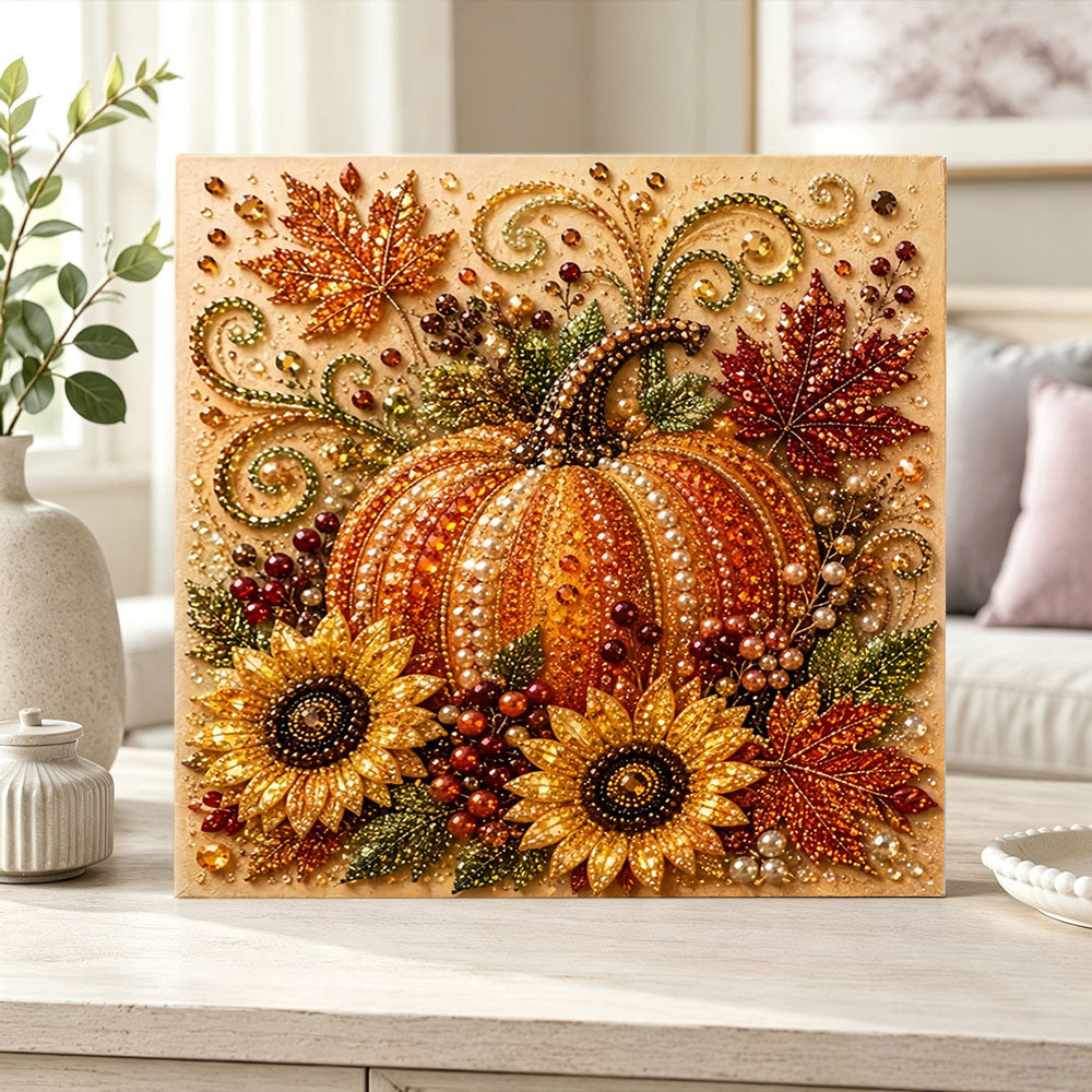 Finished sparkling pumpkin pearl diamond painting artwork displayed as home decor