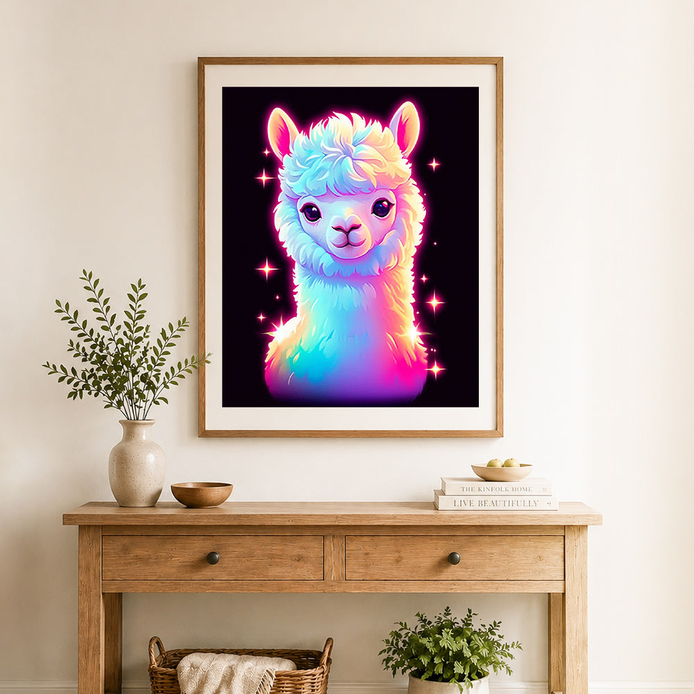 Finished sparkly rainbow llama cross stitch artwork displayed as home decor