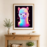 Finished sparkly rainbow llama cross stitch artwork displayed as home decor