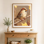 Finished sparrow on autumn branch cross stitch artwork displayed as home decor