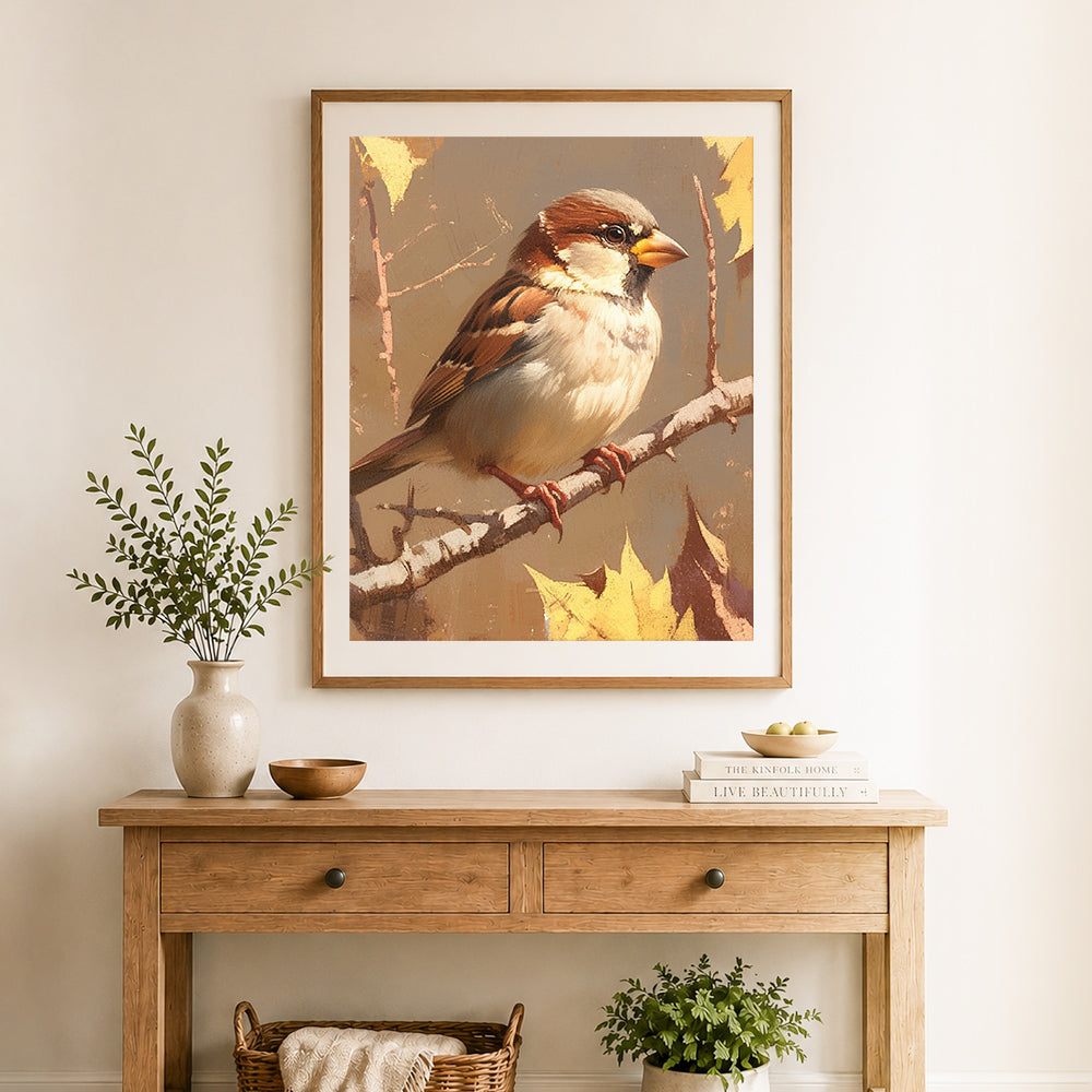 Finished sparrow on autumn branch cross stitch artwork displayed as home decor
