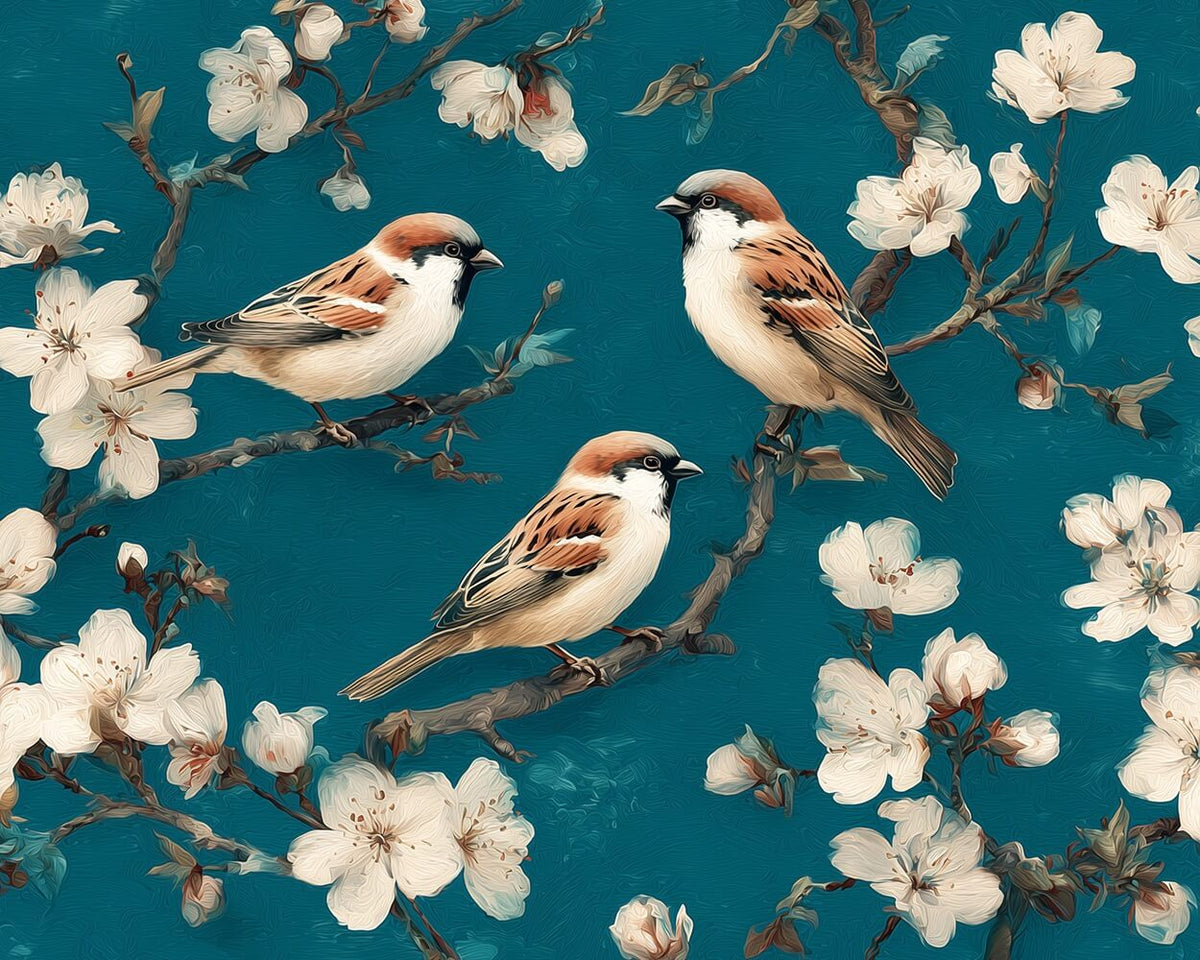 Sparrows on spring blossoms cross stitch kit for beginners