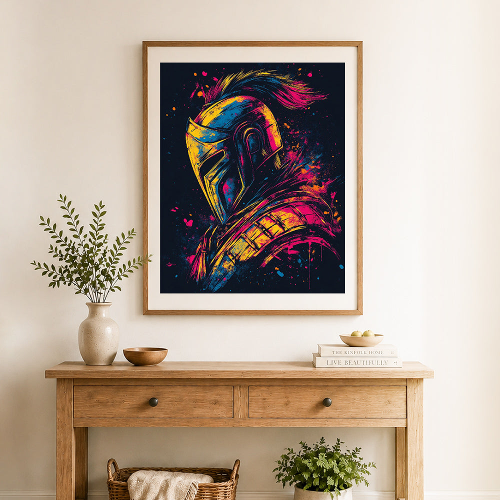 Finished spartan helmet graffiti cross stitch artwork displayed as home decor