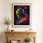 Finished spartan helmet graffiti cross stitch artwork displayed as home decor