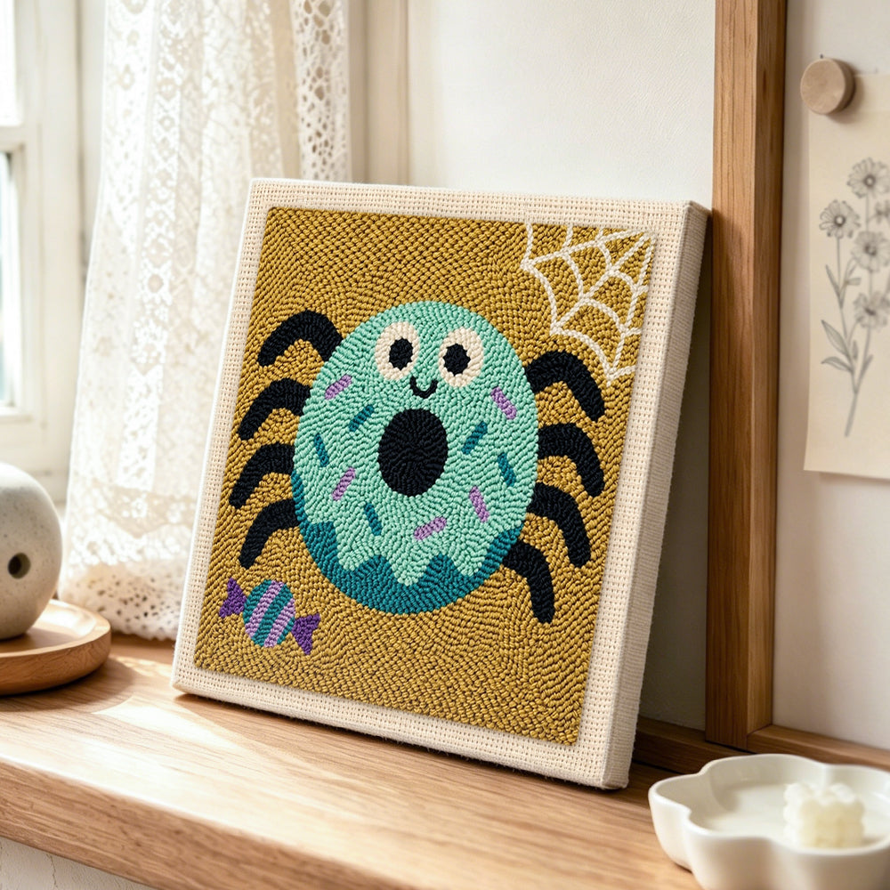 Spider donut punch needle artwork displayed on a table