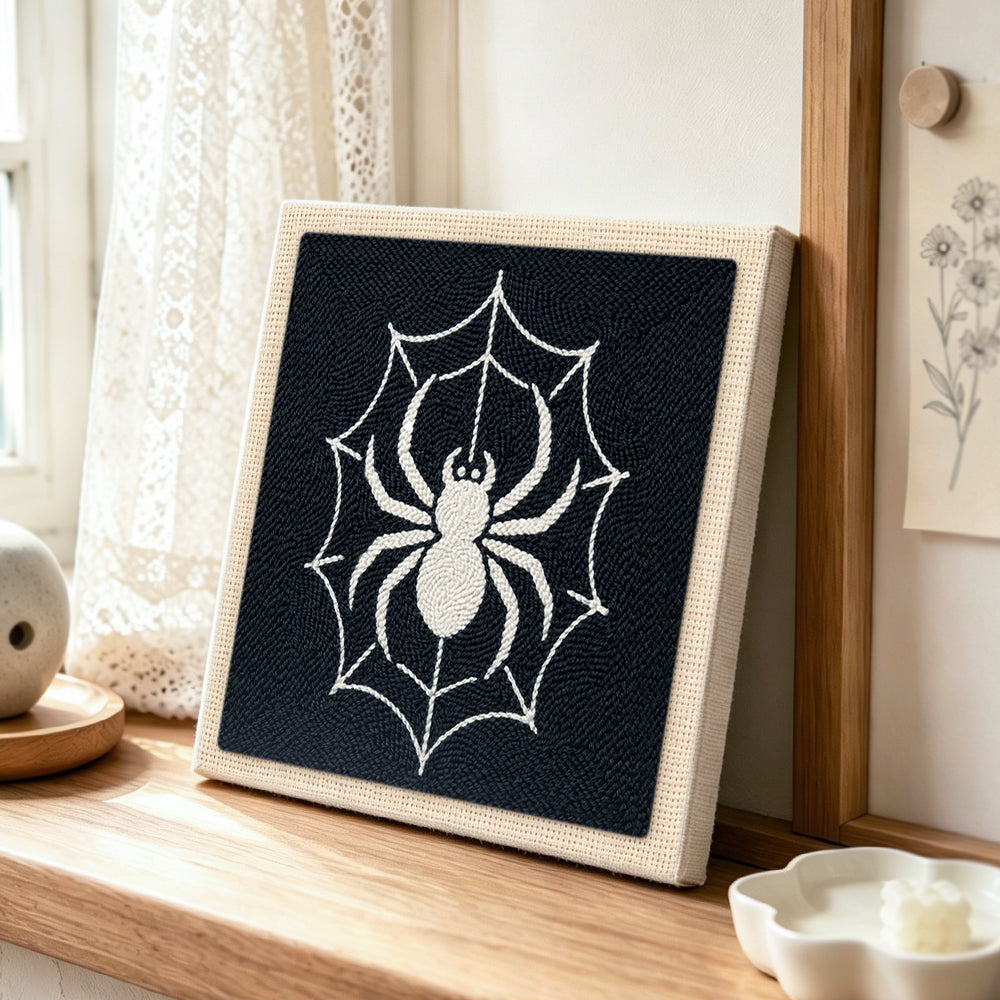 Spider on web punch needle artwork displayed on a table