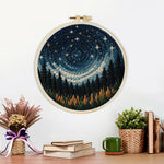 Finished spiral blue starry sky and black forest artwork displayed on a wall
