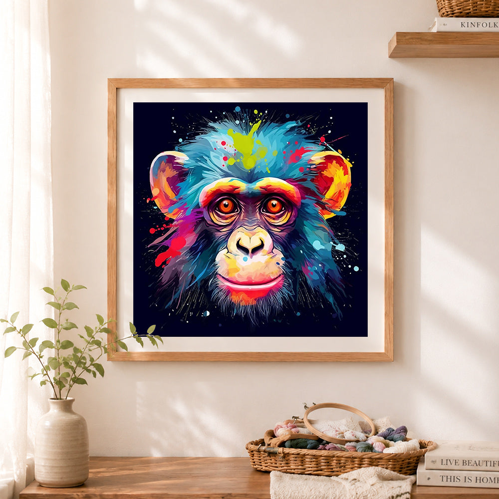 Finished splash‑art chimp on dark background cross stitch artwork displayed as home decor