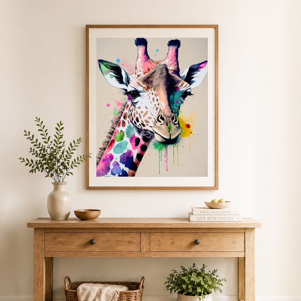 Finished splash‑art giraffe face cross stitch artwork displayed as home decor