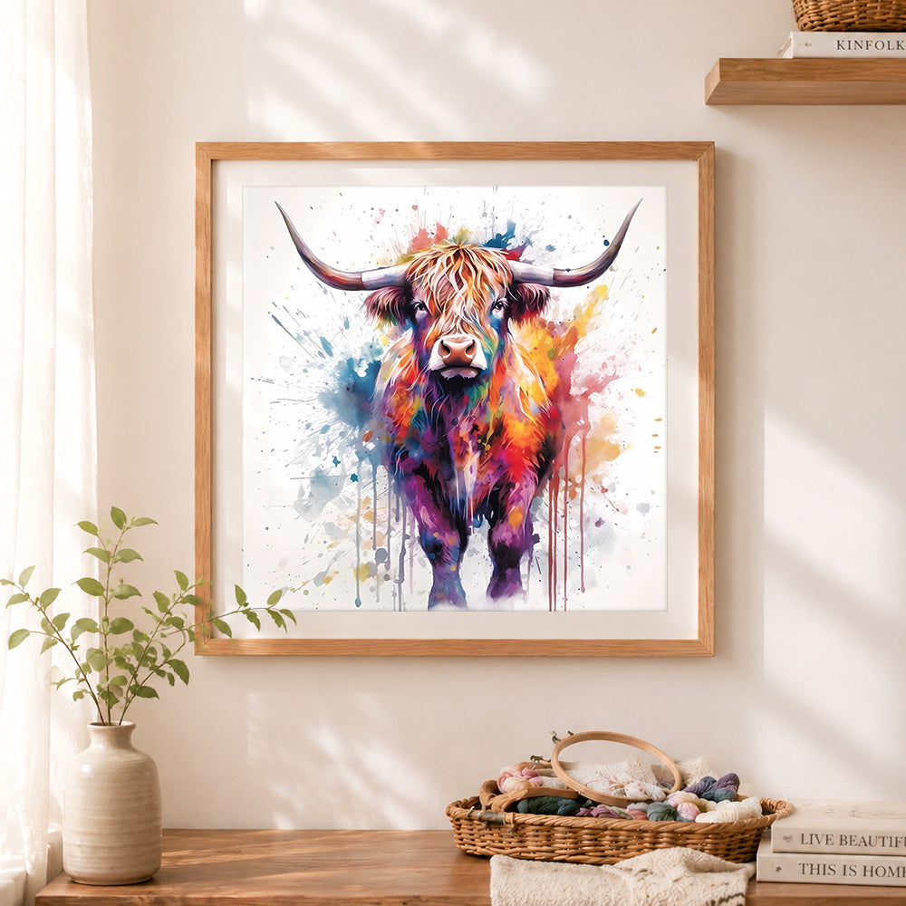 Finished splash‑art highland cow cross stitch artwork displayed as home decor